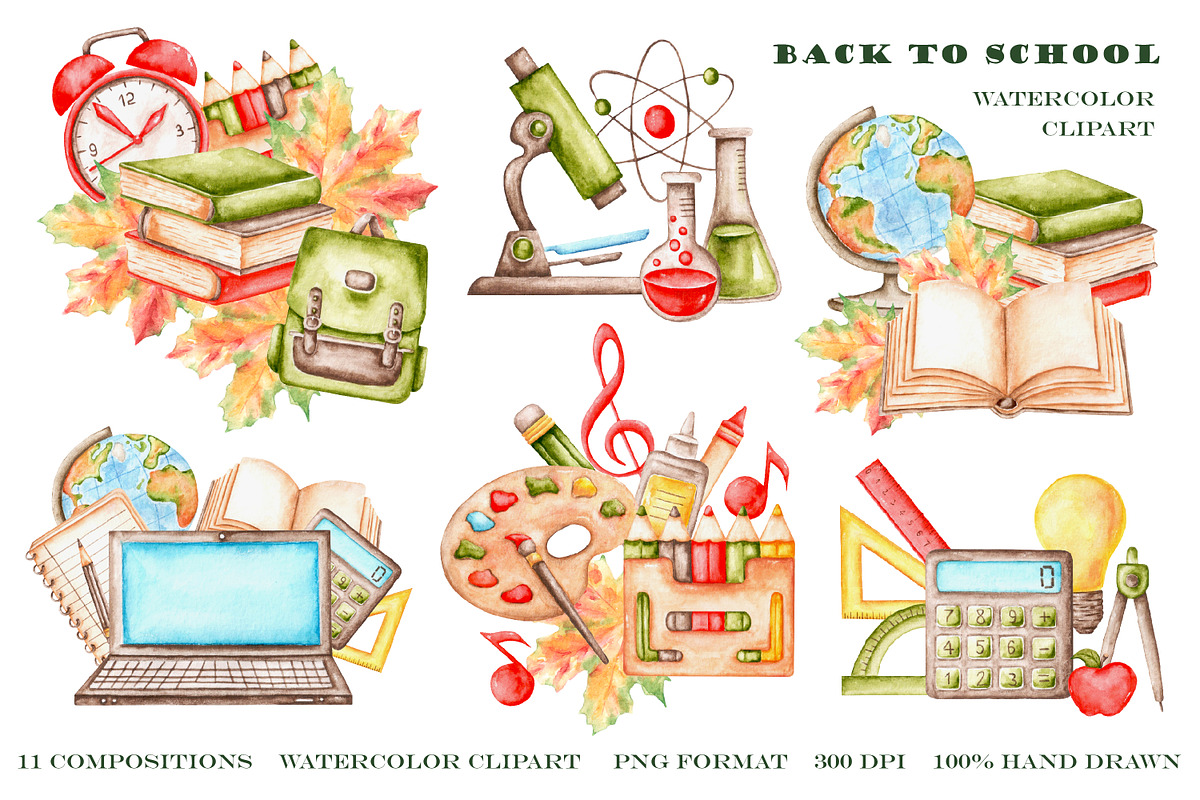 Back to school watercolor clipart., an Education Illustration by SabinaWatercolorArt (Photo 3 of 15)