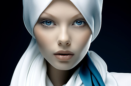 Beautiful woman posing in white dress with blue shawl, a Person Photo by ImageMir