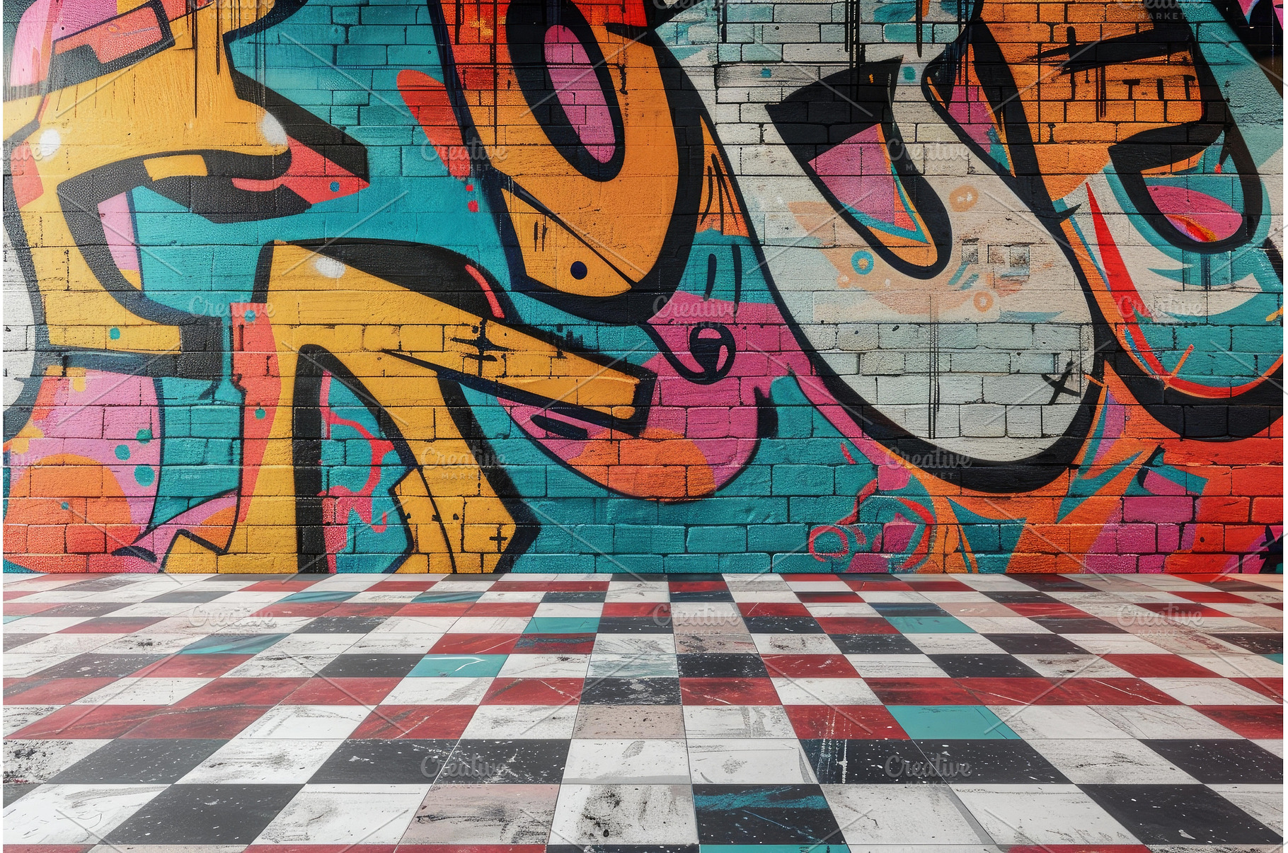 Urban graffiti art on brick wall, an Abstract Photo by Ylivdesign
