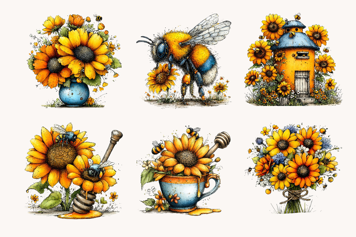 Whimsical Bee Sunflower Clipart, a Seasonal Illustration by Designworld (Photo 2 of 9)