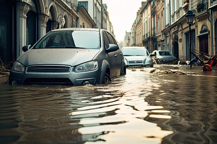 Floating cars in the water during flooding in an european country, with washed
