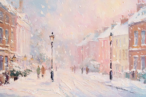 Winter city street with falling snow, pedestrians walking, and h, an Illustration by Studio ANNA