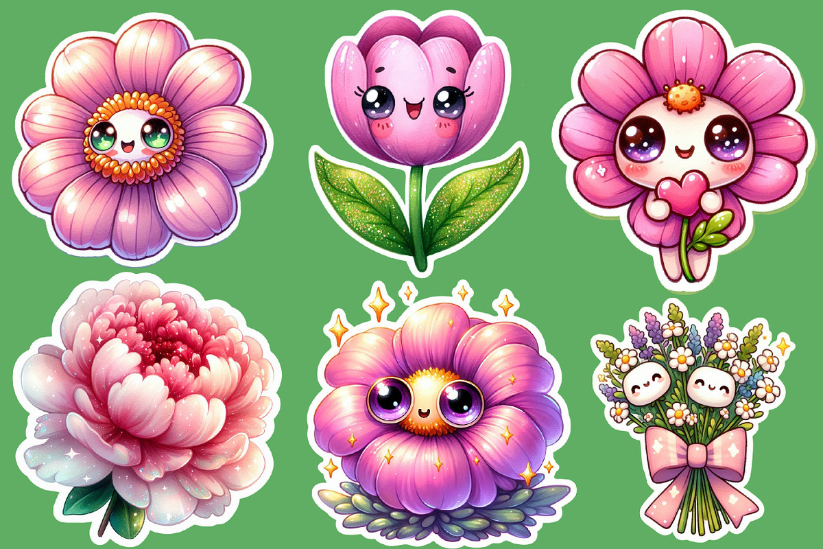 Kawaii Flowers Clipart Bundle, an Illustration by Designworld (Photo 3 of 7)