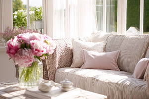 Cozy sunroom interior during sunny day with peopny flowers creat, a Photo by Studio ANNA