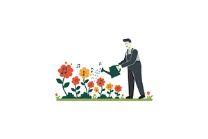 A man watering colorful flowers whil, an Illustration by designvectx