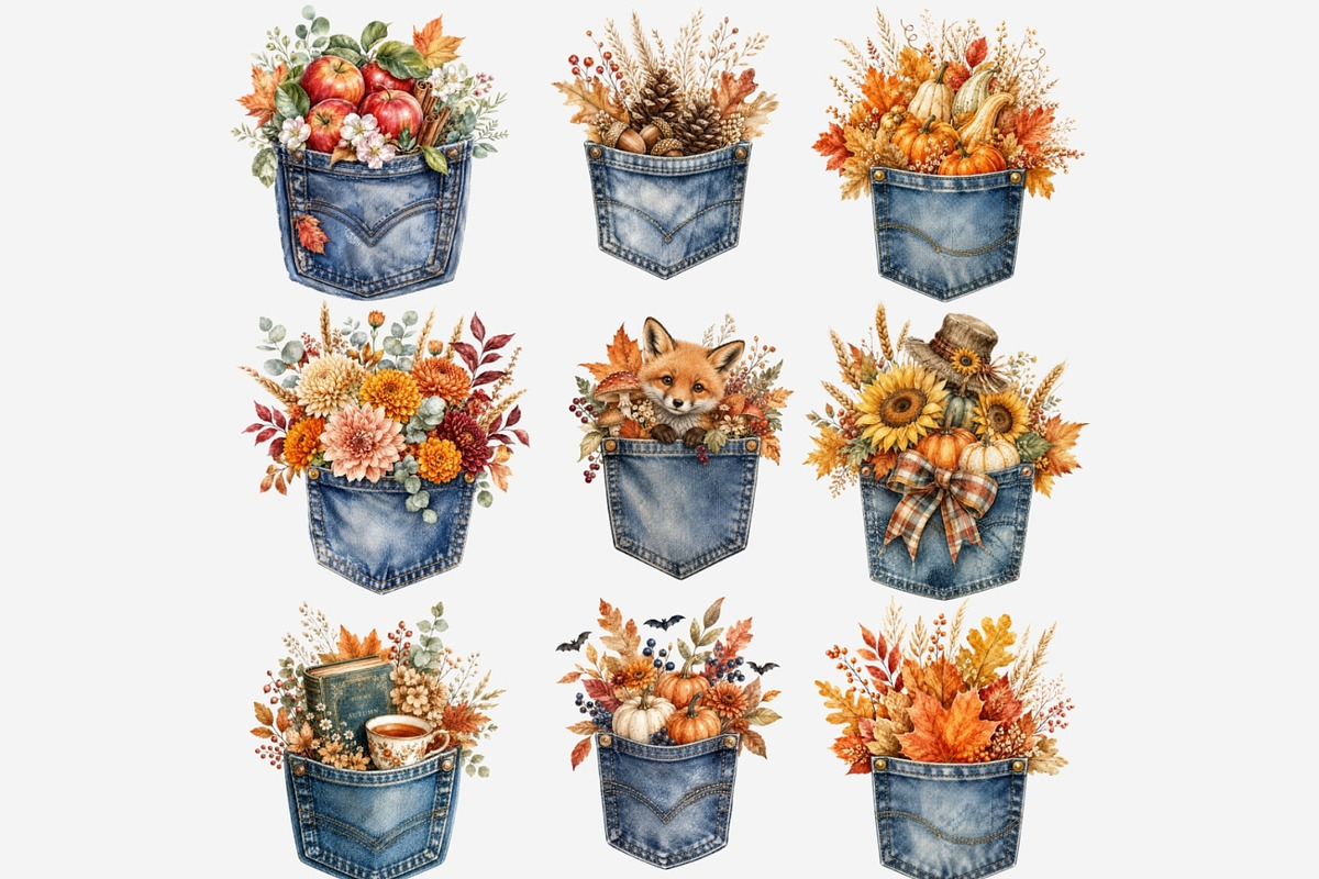 Autumn Denim Pocket Clipart Bundle, a Seasonal Illustration by Tanya Kart (Photo 2 of 5)