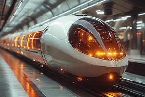 Modern train arriving at a sleek und, a Photo by Tanuart