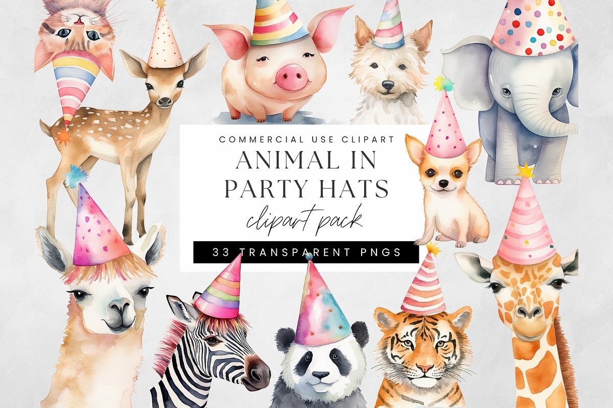 Animals in Party Hats Clipart, Cute, a Decorative Illustration by illuztrate (Photo 1 of 8)