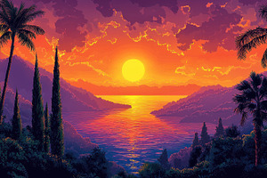 Tropical mountain bay at sunset with vivid sky, calm water, and, a Nature Photo by José Manuel Gelpi