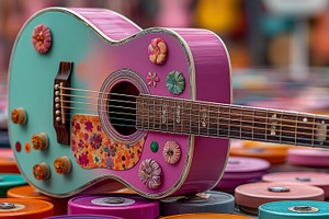 Colorful floral acoustic guitar on vibrant round containers evoking playful mus, a Photo by AS photostudio