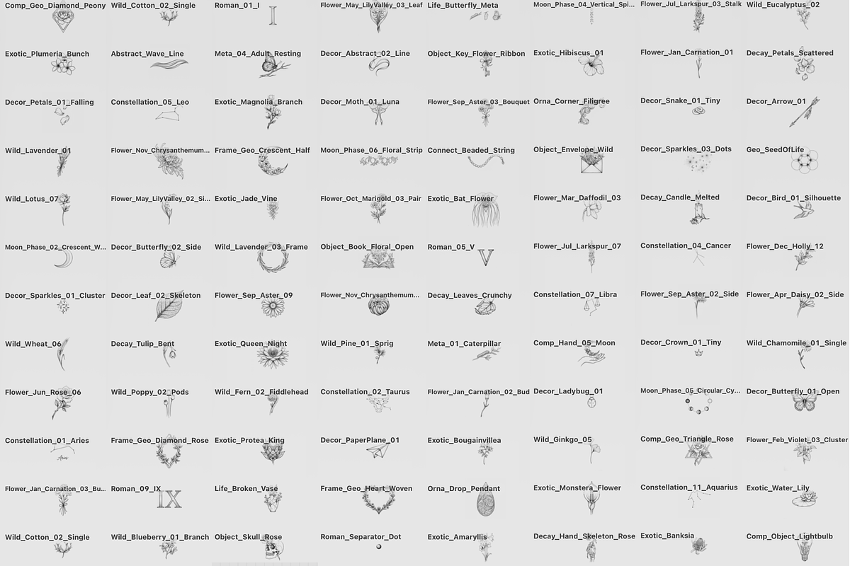 250 Floral Tattoo Procreate Stamps, a Brush Add-On by Selentaori Studio (Photo 3 of 11)