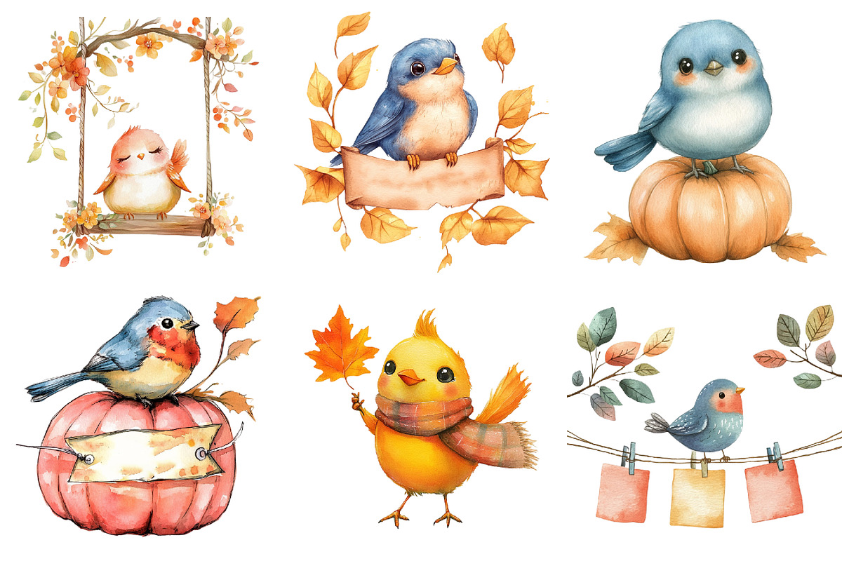 Positive Whimsical Fall Birds Clipar, an Illustration by Watercolor design (Photo 5 of 5)