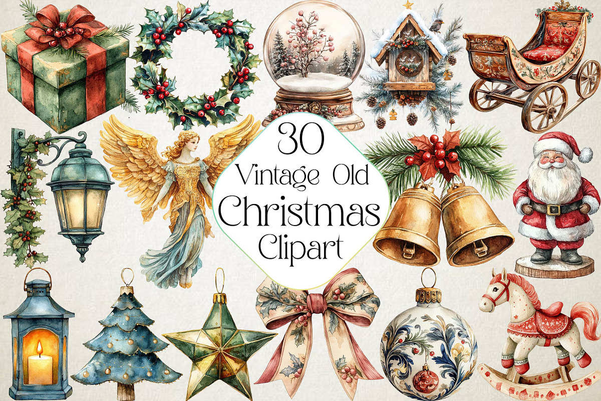 Watercolor Vintage Old Christmas Cli, an Illustration by DreamPrint404 (Photo 1 of 6)