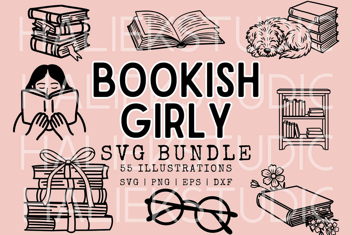 Bookish Girly SVG Illustrations, a Decorative Illustration by HalieKStudio (Photo 1 of 9)