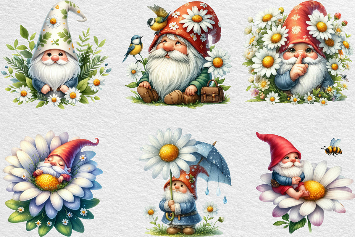 White Gnome Daisy Watercolor Clipart, an Illustration by Black Bird Studio (Photo 5 of 6)