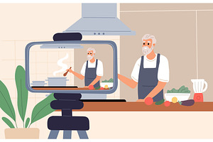 Elderly man in apron prepares food, a Food Illustration by Vectorbuum