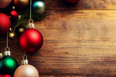 Christmas balls on wooden background with copy space, a Background Photo by Grafvision photography