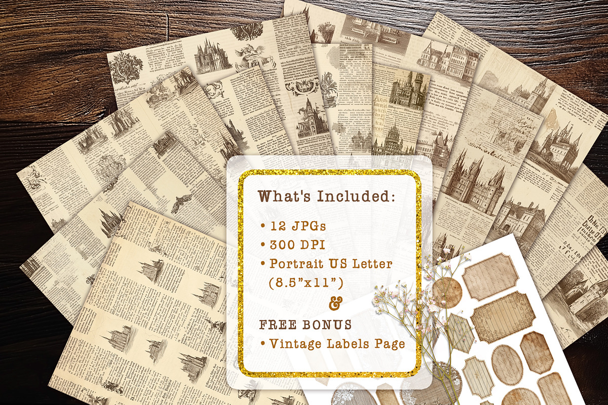 Old World Gazette Scrapbook Papers, a Background Graphic by V Design Creator (Photo 7 of 12)
