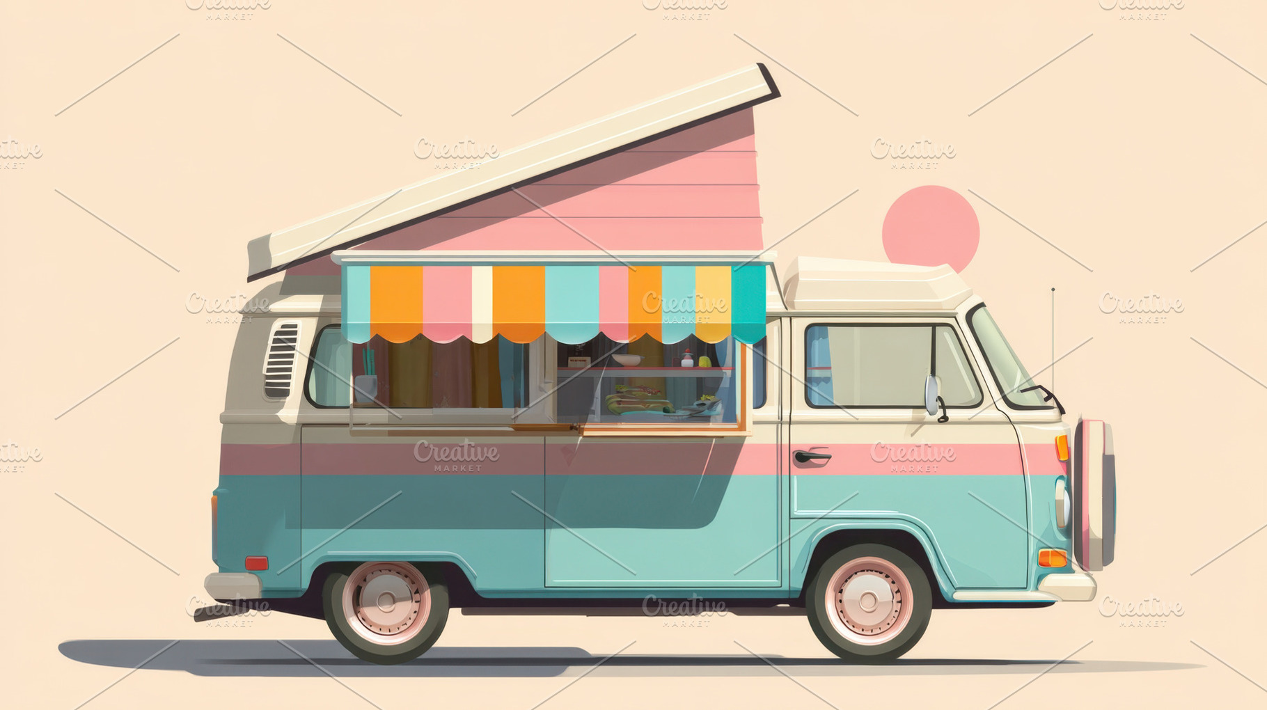 Colorful food truck setup at sunset, a Photo by Beautiful things