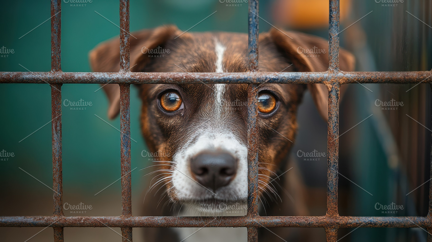 A close-up of a dog behind a rusty c, an Animal Photo by Pixeness Studio