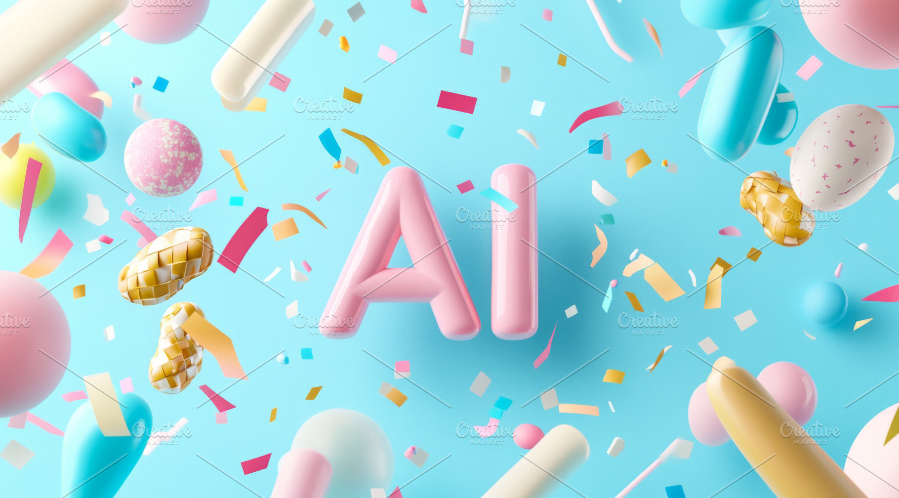 Colorful text AI surrounded by playful geometric shapes on a blu, a Photo by Dvoevnore photos