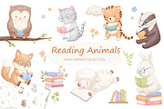 Reading Animals Watercolor Clipart, an Animal Illustration by ElenaPlatovaArt (Thumbnail 1 of 22)