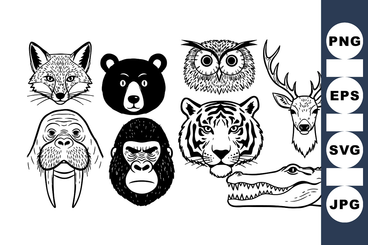 Wild Animal Head Clipart Set, an Illustration by designvectx (Photo 1 of 3)