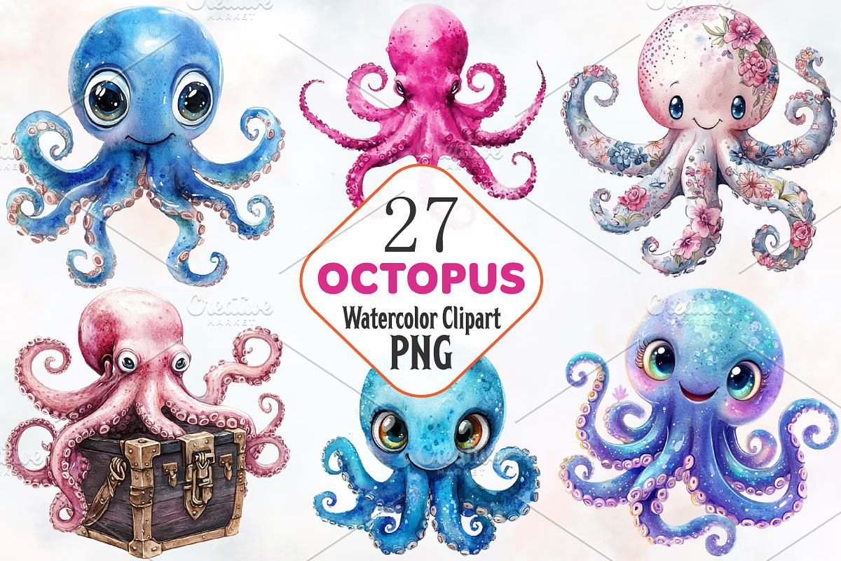 Octopus Watercolor ClipArt's, an Illustration by RobertsArt (Photo 1 of 7)