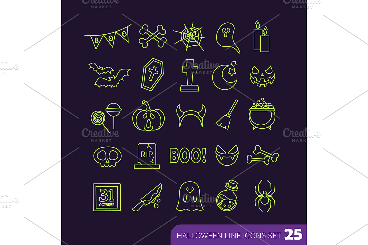 Halloween neon green line icons, an Outline Icon by Elen_Art