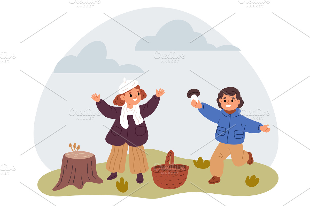 Little boy and girl found mushroom, an Illustration by Vectorbuum
