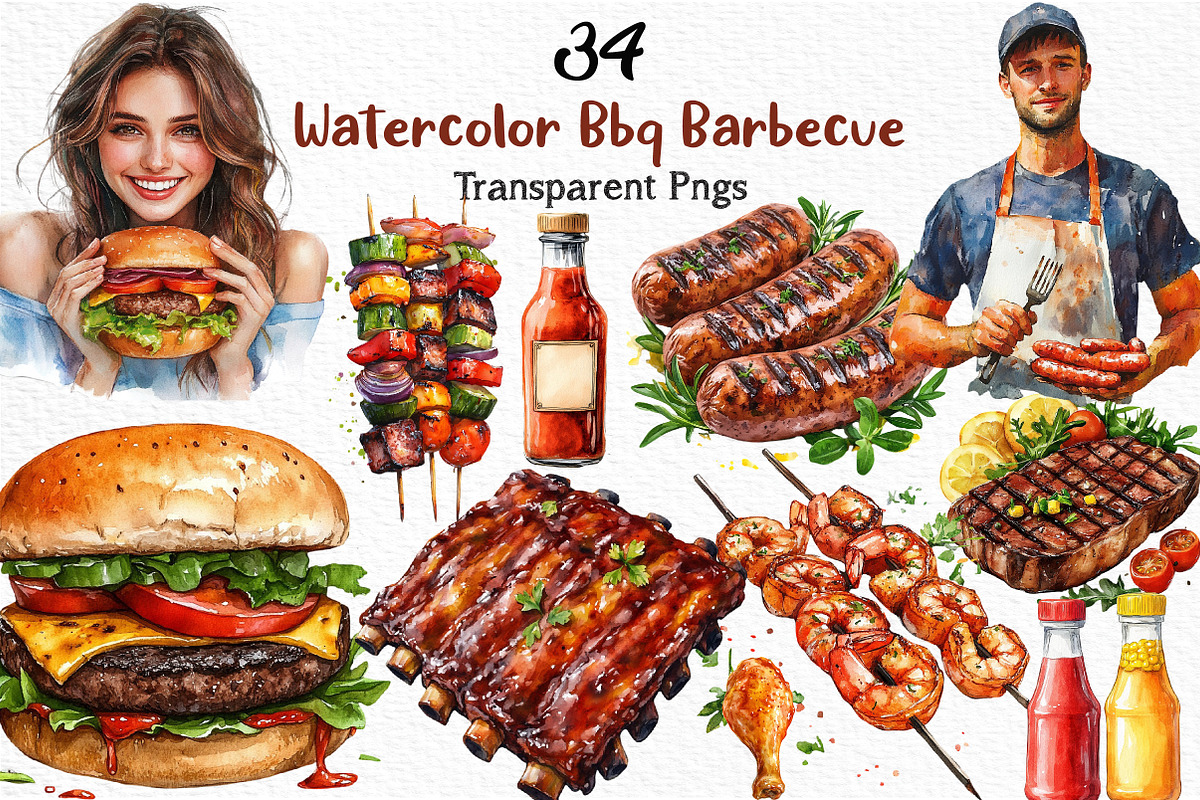 Watercolor BBQ Barbecue Clipart, an Illustration by Craft Nest (Photo 1 of 11)