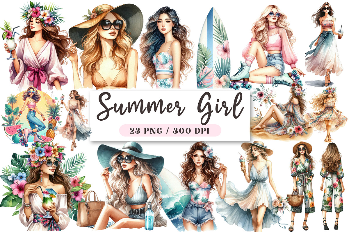 Watercolor Summer Girl Clipart, a Seasonal Illustration by DreamArtGraphic (Photo 1 of 4)