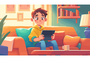 Boy use tablet. Cartoon child in, a Technology Illustration by Stock-Smart-Start