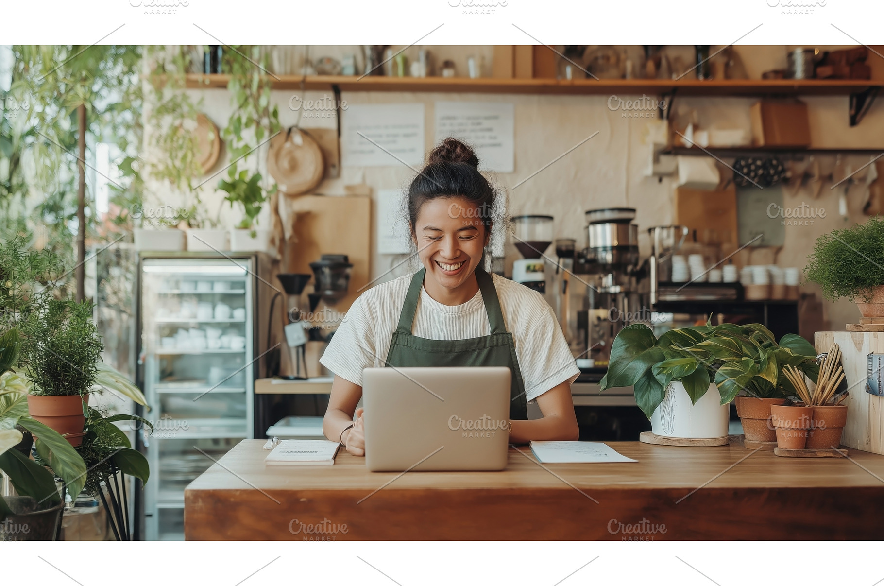 Asian female cafe owner using a, a Person Photo by Sergey Kotenev