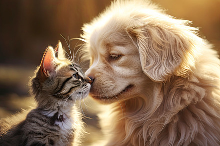 Animal friendship, small puppy and kitten touching heads, an Animal Photo by zakiroff