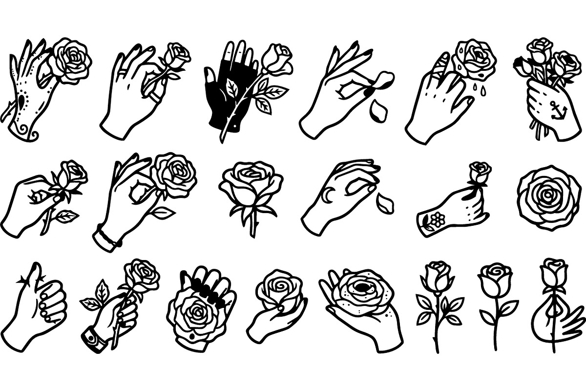 Hand Holding Rose Tattoo Set, an Illustration by designvectx (Photo 2 of 3)