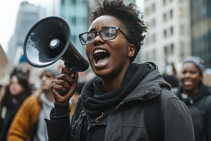 Passionate protester shouts through, a Person Photo by MistyDay