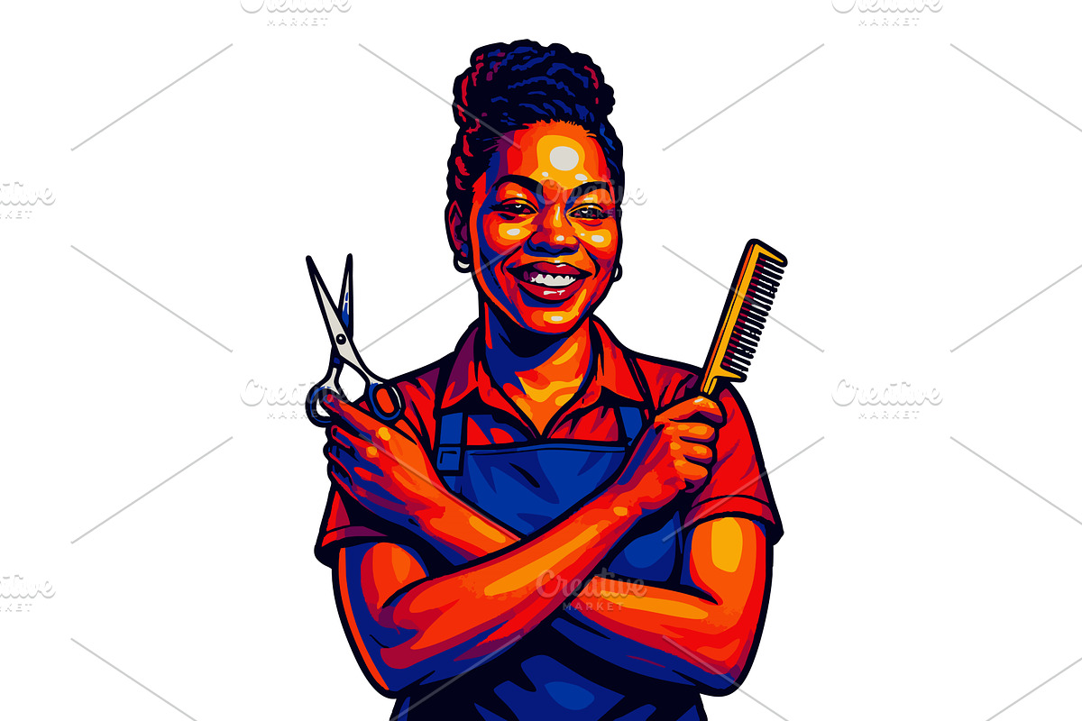 Female Hairdresser with Scissors and, a Person Illustration by AlexArt