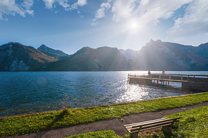 Peaceful autumn Alps mountain lake. Morning view to Traunsee lak, a Nature Photo by YuriyB
