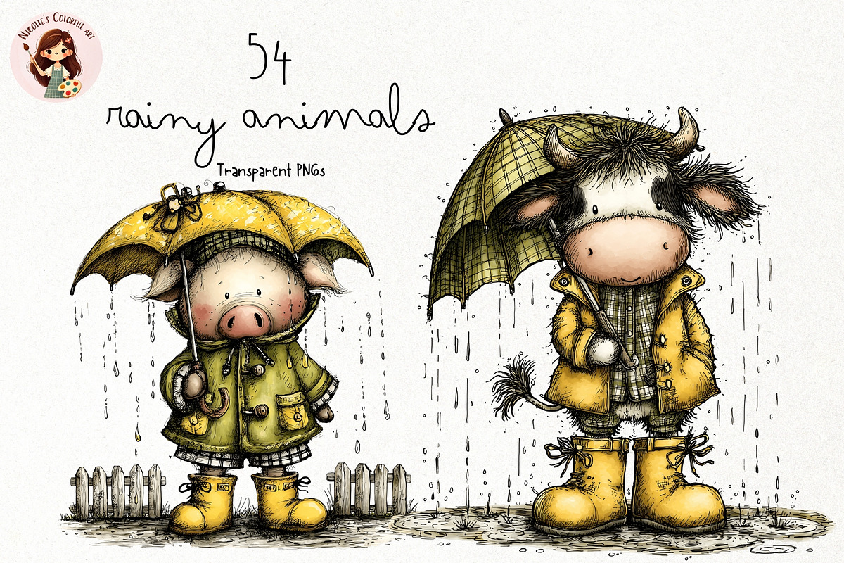Whimsical Rainy Animals PNG, an Animal Illustration by Nicolle's Colorful Art (Photo 1 of 5)