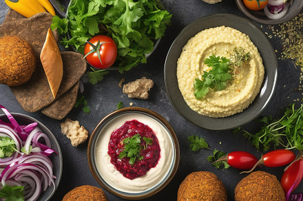 vegetarian food with falafel, a Food & Drink Photo by Virgo Studio