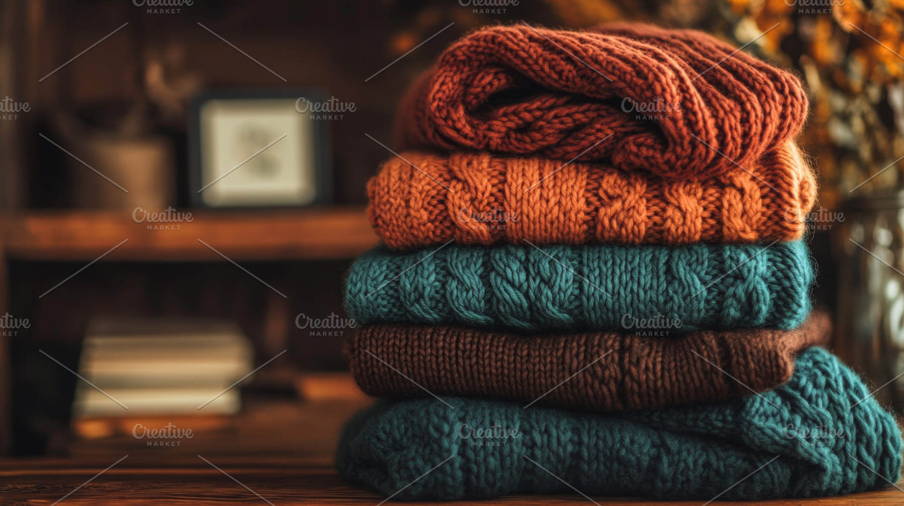 Cozy Folded Knitted Sweaters in Warm Autumn Colors, an Abstract Photo by Natalia Klenova's Shop