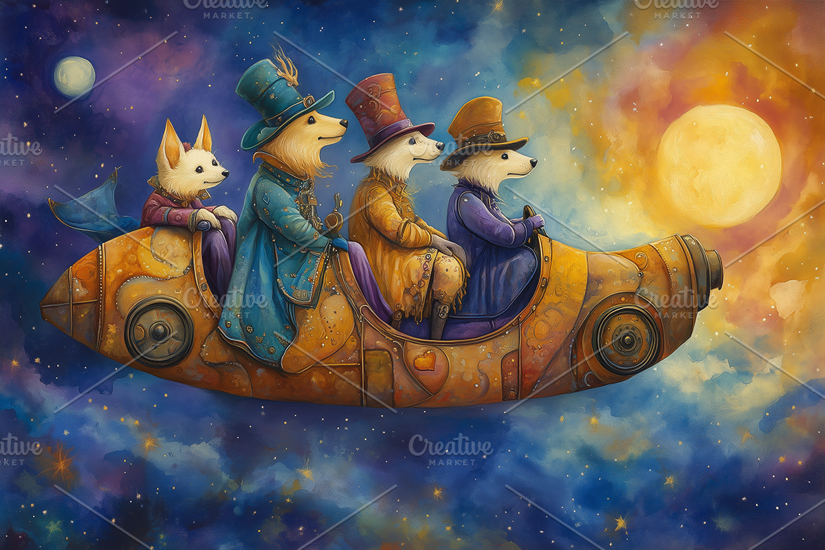 Whimsical Dogs In Rocket Fantasy Art, an Animal Illustration by Art Paradise Studios