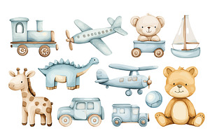 boy toy set watercolor. blue train, a Transportation Illustration by Stock-Smart-Start