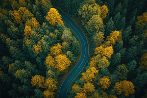 Winding road through autumn forest a, a Photo by Pixeness Studio