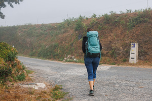Pilgrim Walking on Camino Primitivo Road, Lugo, Spain