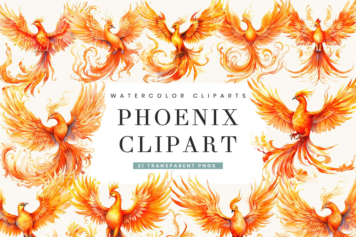 Watercolor Phoenix Clipart Bundle, an Animal Illustration by BusyDaydesign (Photo 1 of 8)