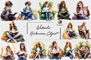 15 Watercolor Bookworms Clipart