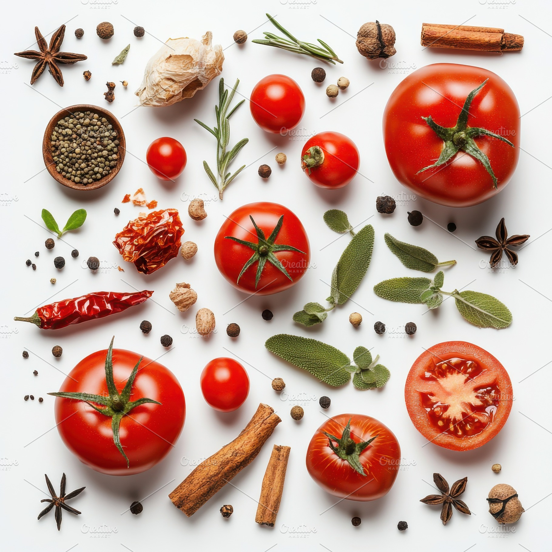 Fresh tomato, herbs and spices, isol, a Food & Drink Photo by Pixeness Studio