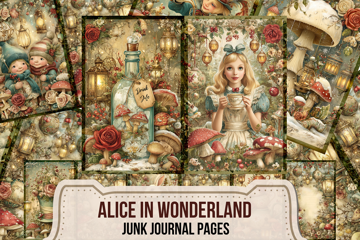 Christmas Alice Junk Journal Pages, a Seasonal Illustration by Print Haven Mochi Vintage (Photo 1 of 11)